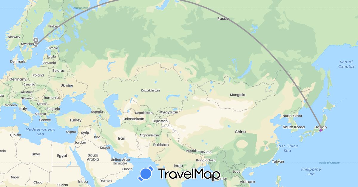 TravelMap itinerary: driving, plane, train in Japan, Sweden (Asia, Europe)