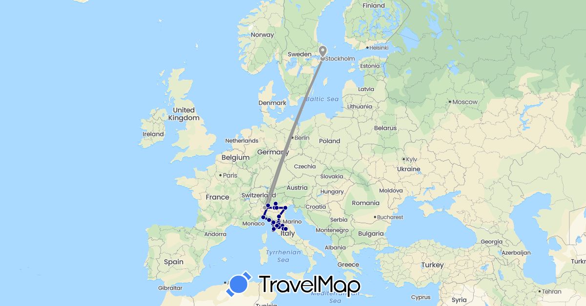 TravelMap itinerary: driving, plane in Italy, Sweden (Europe)